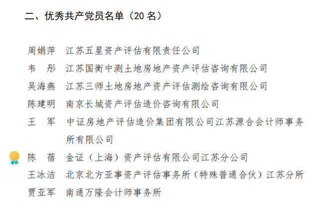 金证资产评估合伙人陈蓓被评为“2022-2023年度江苏省资产评估行业优秀共产党员”